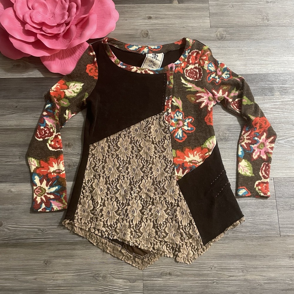 FLEUR DE‎ LIS Womens Sz M Artsy Multicolor Knit Lace Tunic Top Blouse Bohemian
